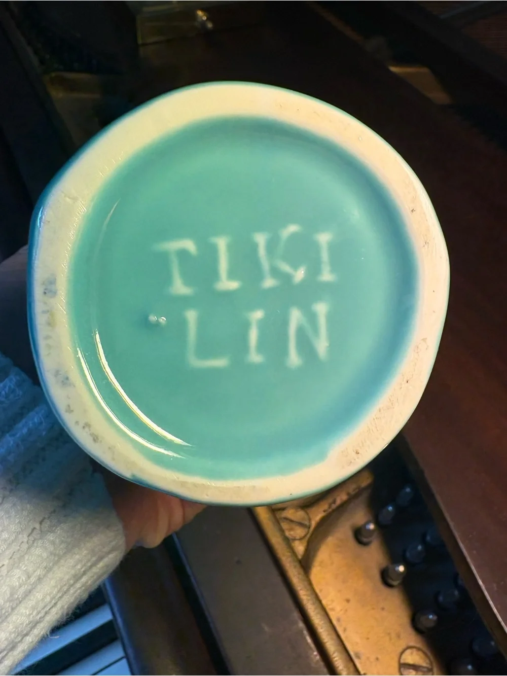 RARE Turquoise Tiki Lin Ceramic Pottery Tiki Mug Totem Face Red Eyes